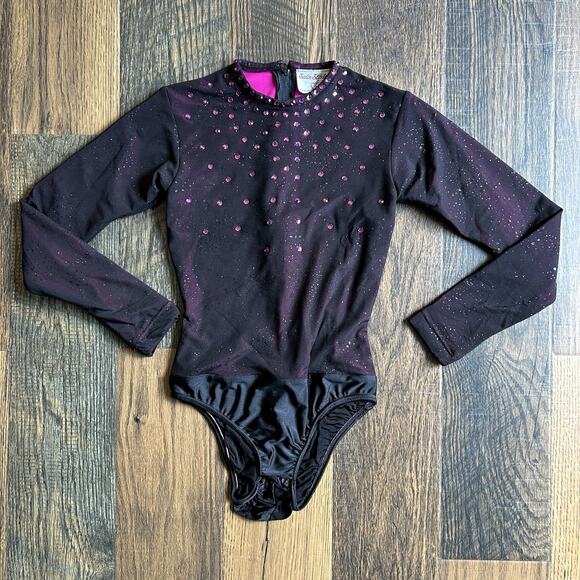 Satin Stitches Figure Skating Dress Leotard & Skirt Black Pink Rhinestones 12 - Picture 3 of 13
